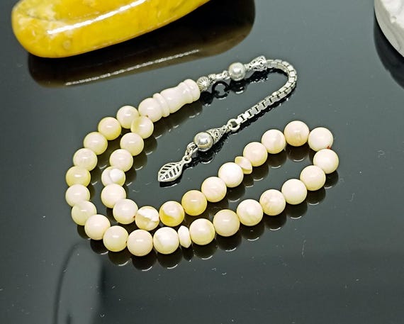 White Baltic Amber Rosary with 925 Sterling Silver Tassel,Natural Baltic Amber Islamic Prayer Beads,Amber Tesbih,Kahraman,Amber for Healing