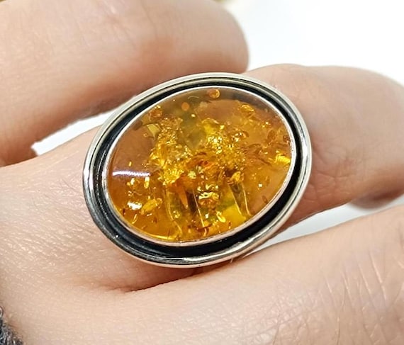 Elegant Genuine Amber Ring,Natural Amber Sterling Silver Ring,Adjustable Amber Ring,925 Silver Cognac Baltic Amber Ring