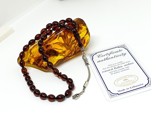 Natural Baltic Amber Rosary with 33 Beads & 925 Sterling Silver Tassel, Prayer Beads,Islamic Amber Tesbih, Kahraman, Kehribar, Muslim Misbah