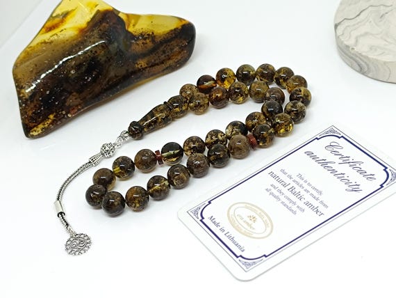 Genuine Baltic Amber Rosary with Plant Fossils, 925 Silver Tassel