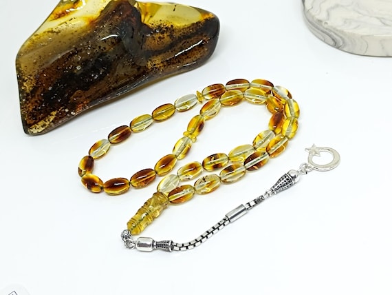 Real Baltic Amber Rosary with Plant Fossils & 925 Silver Tassel, Amber with Plant Fossils,Natural Baltic Amber Islamic Rosary,Amber Tesbih
