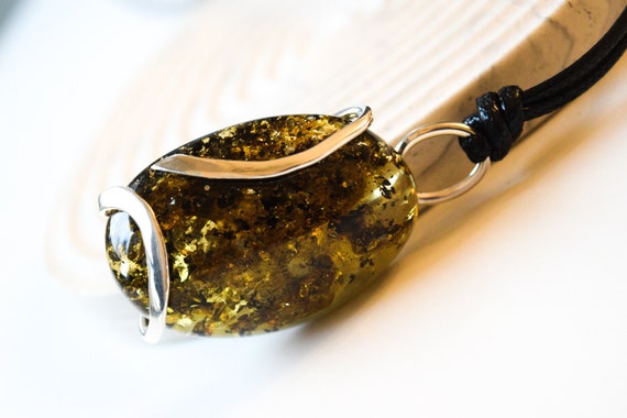 Natural Green Baltic Amber 925 Silver Pendant with Adjustable Cord,Amber Pendant,Silver Pendant,Birthstone Pendant,Gift for Her,Boho Pendant