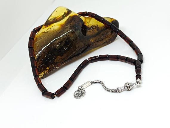 Natural Baltic Amber Rosary, 33 Beads, Sterling Silver Tassel, Islamic Prayer Beads