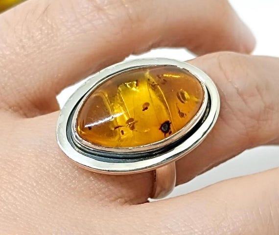 Handmade Adjustable Genuine Amber Ring,Cognac Amber Ring,Natural  Baltic Amber Silver Ring,925 Sterling Silver Ring,gift for her