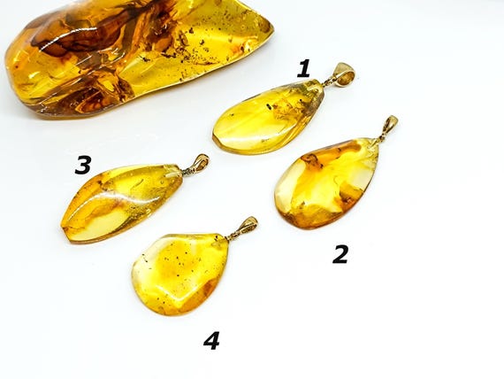 Natural Baltic Amber Pendant with Gold Plated 925 Silver Bail, Amber with Plant Fossils, Genuine Unique Amber, Elegant Amber for Healing