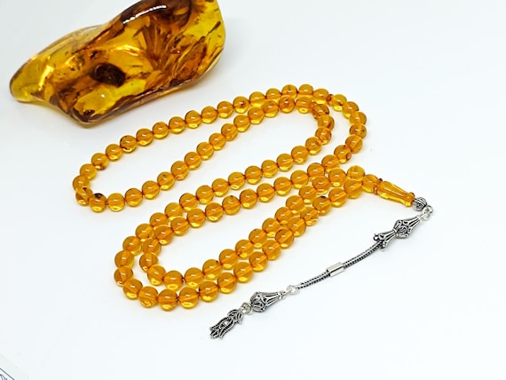 Real Natural Baltic Amber Islamic Prayer 99 Beads with 925 Silver Tassel, Baltic Amber Rosary,Amber Prayer Beads,Genuine Amber Muslim Rosary