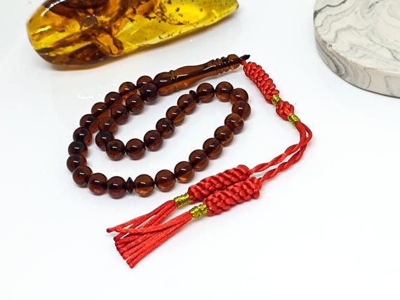 33 Beads Real Authentic Amber Rosary, Natural Baltic Amber Prayer Beads, Kahraman, Kehribar,Genuine Amber Muslim Misbah,7mm