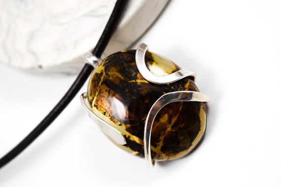 Amber Silver Pendant with Leather Cord,Genuine Baltic Amber Jewelry,925 Silver Amulet,Birthstone Pendant,Gift for Her,Boho Pendant