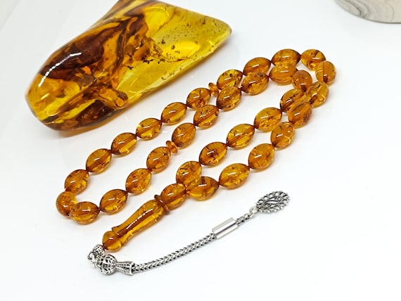 Natural Baltic Amber Rosary, 925 Sterling Silver Tassel, Islamic Prayer Beads