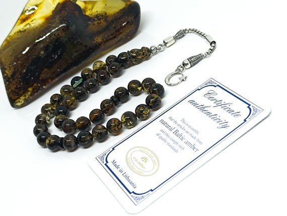 Real Baltic Amber Rosary with Plant Fossils & 925 Silver Tassel, Amber with Plant Fossils,Natural Baltic Amber Islamic Rosary,Amber Tesbih