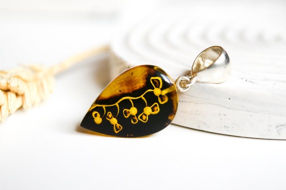Engraved Natural Baltic Amber Pendant with 925 Sterling Silver, Handcarved Amber Pendant, Handmade Genuine Amber Jewelry, Unique Gift
