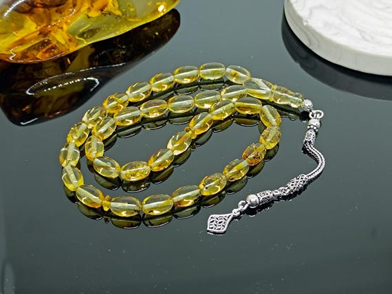 Natural Baltic Amber Rosary with Plant Fossils & 925 Silver Tassel,  Real Amber Praying Beads, Genuine  Amber Islamic Rosary,Amber Tesbih