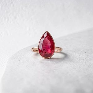 14K Solid Gold Red Ruby Ring, Pear Cut Ruby Solitaire Promise Ring, Minimalist Bezel Set Ruby Jewelry, Handmade Birthstone Gift for Her