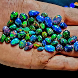 May include: A collection of loose, iridescent black opals in various shapes and sizes. The opals have a rainbow of colors, including green, blue, and red.