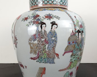 大きな中国磁器の宮廷女性庭園風景蓋付き壺 - Etsy 日本