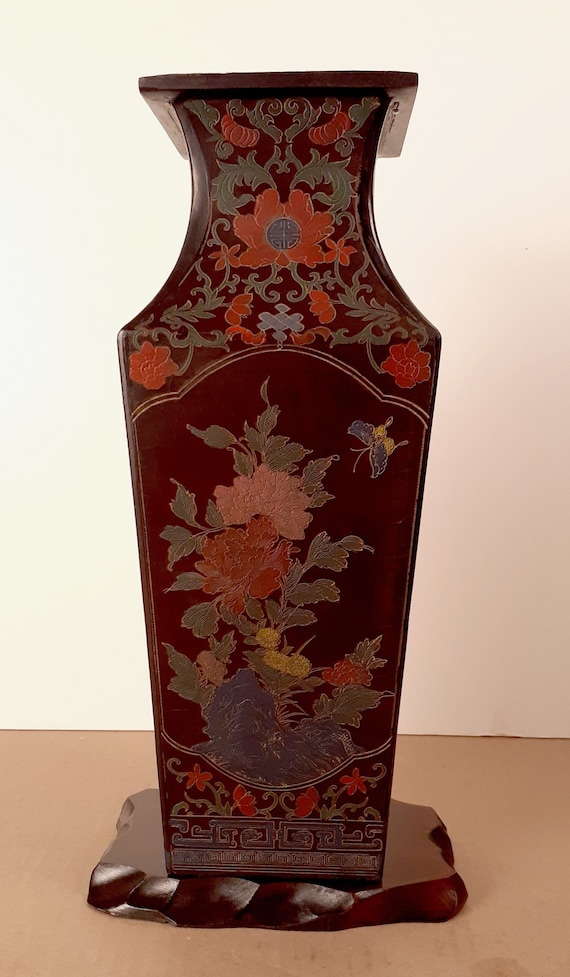 【匿名配送／色鮮やか／美品】伝統的中国風 花瓶 赤茶色と緑色２個セット 中国漆塗り牡丹と詩の四面鳳凰図 - Etsy 日本