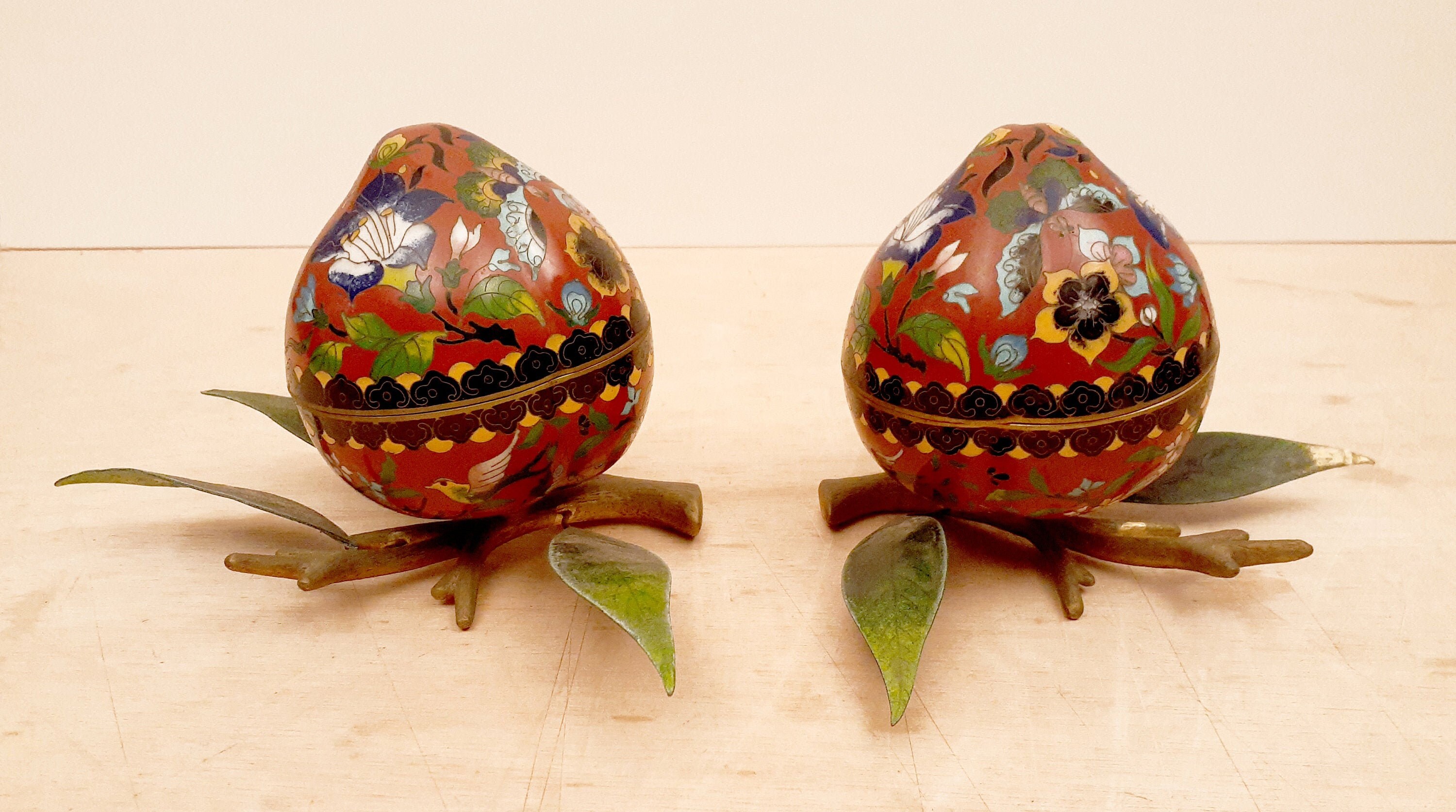 A Pair Of Chinese Cloisonne Peach Form Lidded Boxes