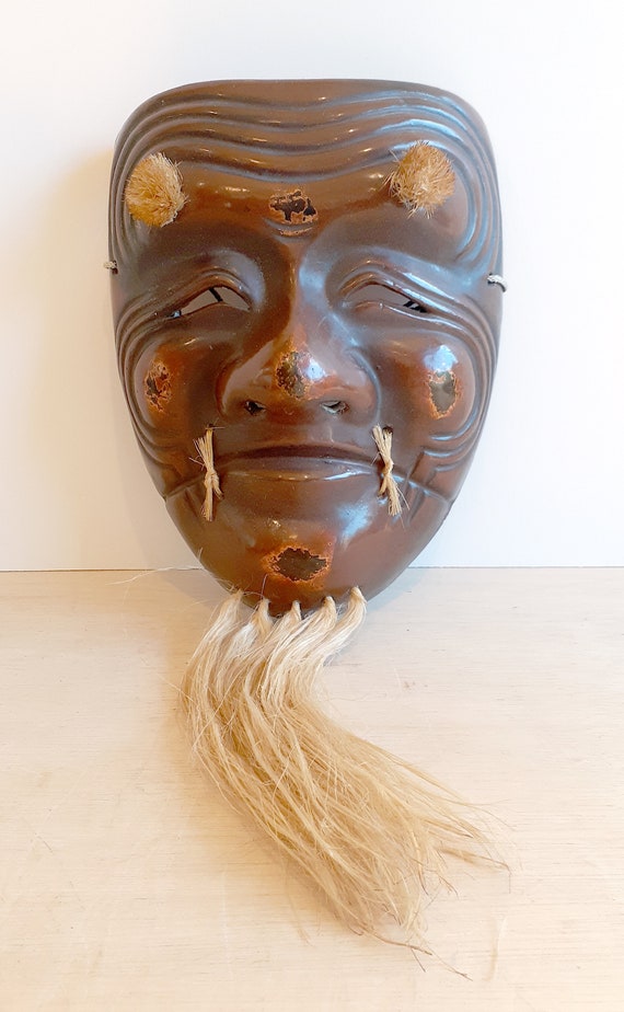 Wooden Noh Mask　木製能面 Vintage Japanese Noh Mask Natural Wood Carving of Okame