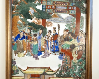 framed Chinese Qianjiang porcelain garden picnic plaque