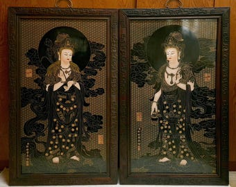 中国製の額入り磁器製仏教寺院額、観音菩薩二連画 - Etsy 日本