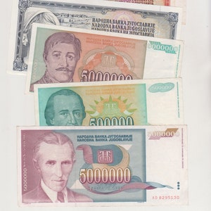 7 verschiedene Banknoten des ehemaligen Jugoslawien Landes, das nicht mehr existiert Papiergeld LOT Dinar Riesige Anzahl von Nullen - Nikola Tesla ist auf einem