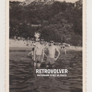 Two Affectionate Handsome Young Men Shirtless Muscular Body Bulge Naked Torso Trunks Beach Gay Int Original Vernacular Snapshot Found Photo