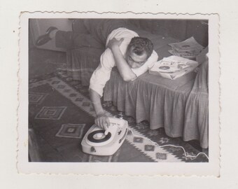 Handsome Young Man Chilling Out, Spinning Vinyl on a Record Player Unusual Abstract Original Vernacular Found Vintage Old Photo Snapshot