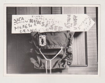 Abstract: Scout's Backpack and a Signboard Recording Achievements Unusual Abstract Original Vernacular Found Vintage Old Photo Snapshot