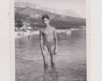 Affectionate Handsome Young Man Shirtless Muscular Bulge Trunks Beach Under the Sun Original Vernacular Snapshot Found Photo Male