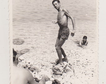 Affectionate Handsome Young Man Shirtless Muscular Bulge Trunks Beach Gay Int Original Vernacular Snapshot Found Photo Abstract Vintage