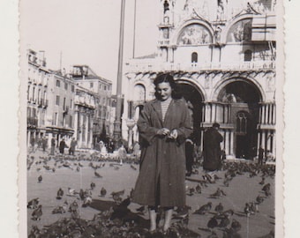 Found Photo Radiant Maiden Feeding Pigeons with Grace Young Woman Attractive Lady Girl Original Vernacular Snapshot