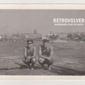 Two Affectionate Handsome Young Men Shirtless Muscular Body Bulge Naked Torso Trunks Beach Gay Int Original Vernacular Snapshot Found Photo