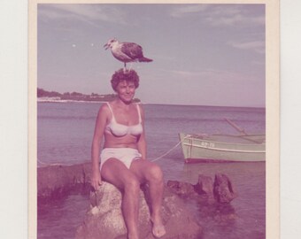 Pretty Attractive Woman Beach Bikini Bird Perched on Her Head Abstract Snapshot Original Vernacular Found Photo