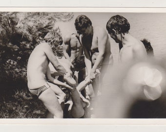 Affectionate Handsome Young Men Shirtless Muscular Bulge Trunks Beach Gay Int Abstract Original Vernacular Snapshot Found Photo