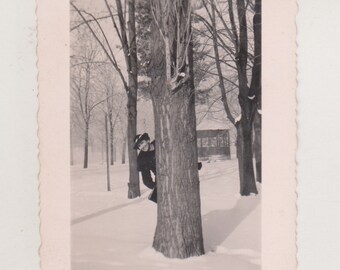 Pretty Charming Young Woman Peeking from Behind a Tree Unusual Abstract Snapshot Original Vernacular Found Old Photo