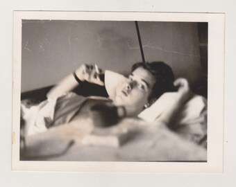 Charming Handsome Young Man Lying Seductively in Bed with a Cigarette Gay Int Original Vernacular Found Vintage Old Photo