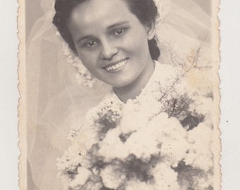 Gorgeous Bride Poses with Beautiful Smile and Bouquet: A Captivating Wedding Moment Original Vernacular Snapshot Found Photo Young Woman