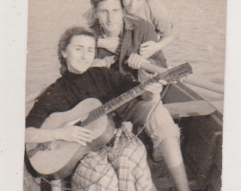 Found Photo Strumming Love Guitar, Two Young Women, Man, Boat, Embraces Original Vernacular Snapshot