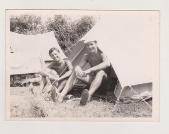 Two Affectionate Handsome Young Men Shirtless Muscular Trunks Beach Gay Int Original Vernacular Snapshot Found Photo Abstract Vintage