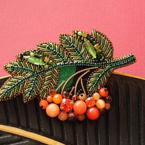 Rowan brooch, hand embroidery beaded floral brooch, orange autumn berries jewelry