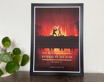 May include: A minimalist poster design for the Star Wars movie "Revenge of the Sith" featuring a red and orange background with two figures fighting with lightsabers on a bridge. The text "Star Wars Revenge of the Sith Episode III @charlielunnart A George Lucas Film" is at the bottom of the poster.