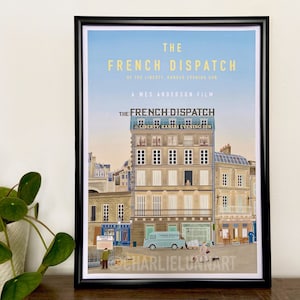 May include: A poster for the movie "The French Dispatch" by Wes Anderson. The poster features a building with a sign that reads "The French Dispatch, Liberty, Kansas Evening Sun".