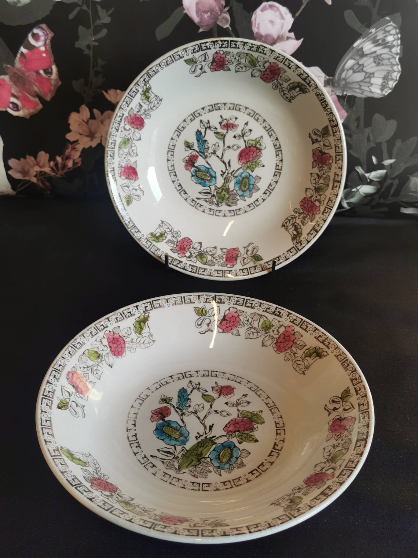Set Of 2 Broadhurst Staffordshire Ironstone Indian Tree Handpainted Underglaze Bowls Collectible Staffordshire Bowls