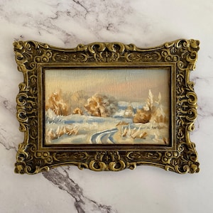 Snowy forest path | Tiny framed original oil painting | Winter wonderland wall art | Cozy cottage core decor | Christmas gift idea