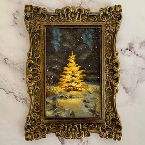 Christmas illuminated fir tree forest landscape oil painting Tiny original art in ceramic frame Magical night winter decor Christmas gift