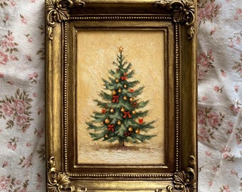 Christmas fir tree forest oil painting with red bows Small original art in ceramic frame Vintage style winter decor Christmas gift