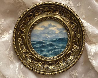 Origineel olieverfschilderij van de diepblauwe oceaan. Oceaangolfolieverfschilderij. Klein ingelijst zeegezicht nautische kunst Open zee schilderij voor thuis fotowand
