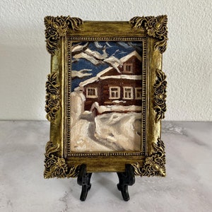 Winter landscape oil painting Tiny original art in handcrafted frame Christmas decor wall art Cosy winter cottage core decor Christmas gift