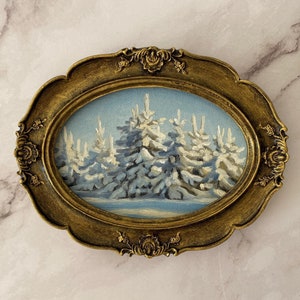 Winterwald Landschaft original Ölgemälde. Kleine gerahmte Kunst. Vintage Ölgemälde. Schnee Tannenbaum ursprüngliche Kunst. Geschenkidee Weihnachten.