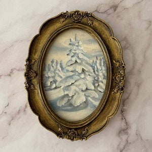 Winterwald Landschaft original Ölgemälde. Kleine gerahmte Kunst. Vintage Ölgemälde. Schnee Tannenbaum ursprüngliche Kunst. Geschenkidee Weihnachten.